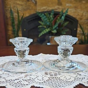 Fostoria American #2056 Cubist Candlestick Pair, Discontinued, UV Reactive